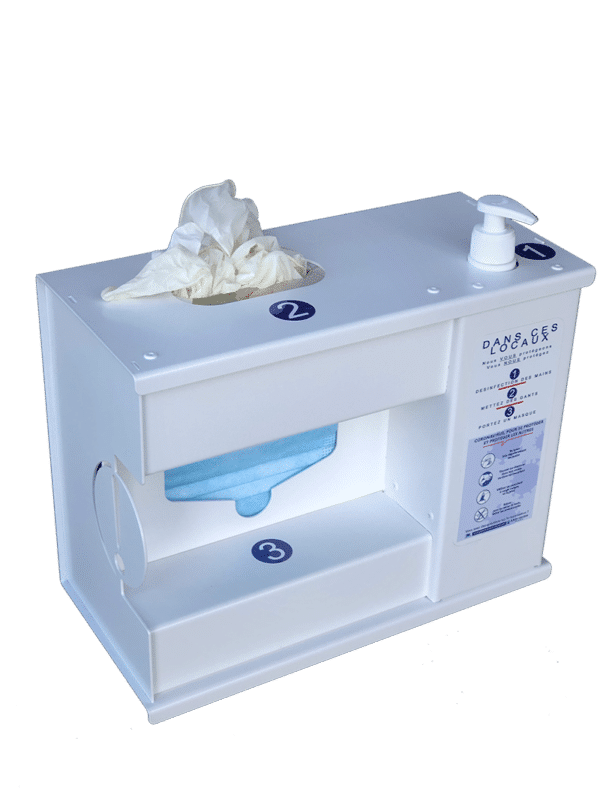 DISTRIBUTEUR MASQUES, GEL ET GANTS SUR PIED OU NOMADE