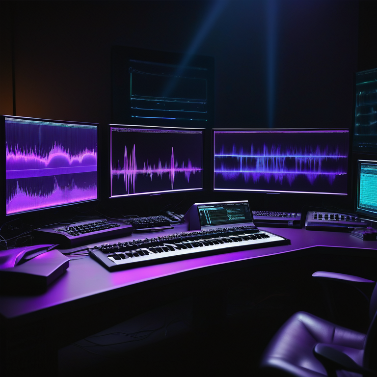 Holographic waveform above a stunning, high-tech audio workstation with Adobe Audition interfaces.
